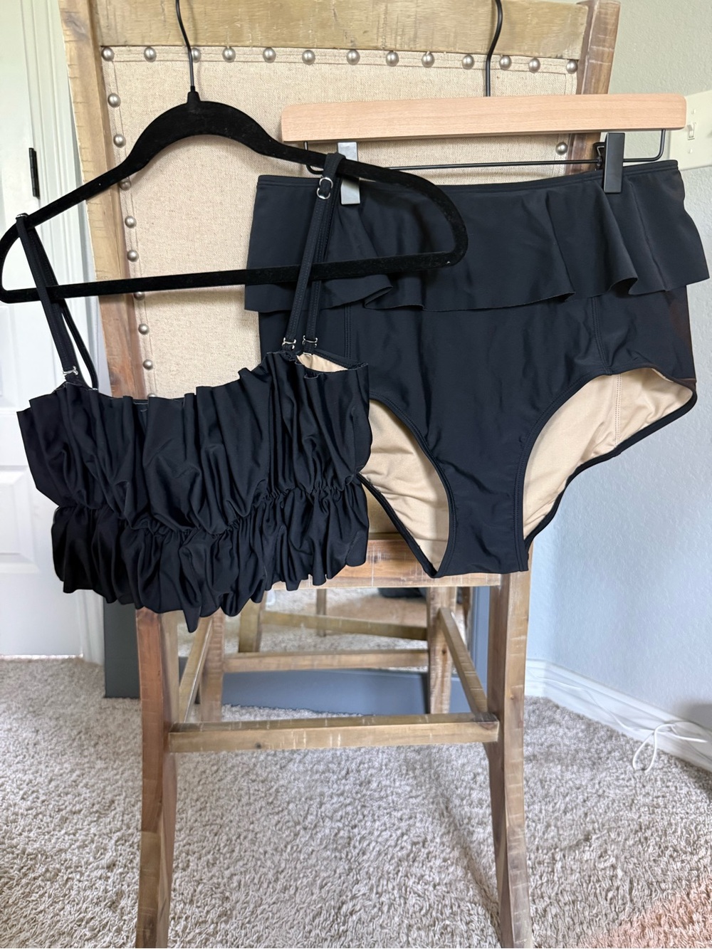 Black Ruffle High-Waist Bikini Set - Women's Swim Large Top & and XL Bottom